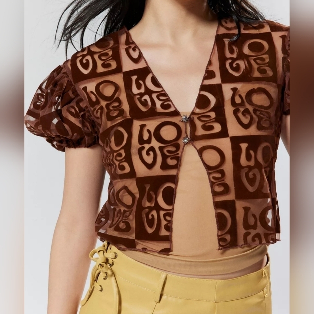 House Of Sunny Casa Amor Flyaway Short Sleeve Cardi Top, Chocolate Brown, Size 2